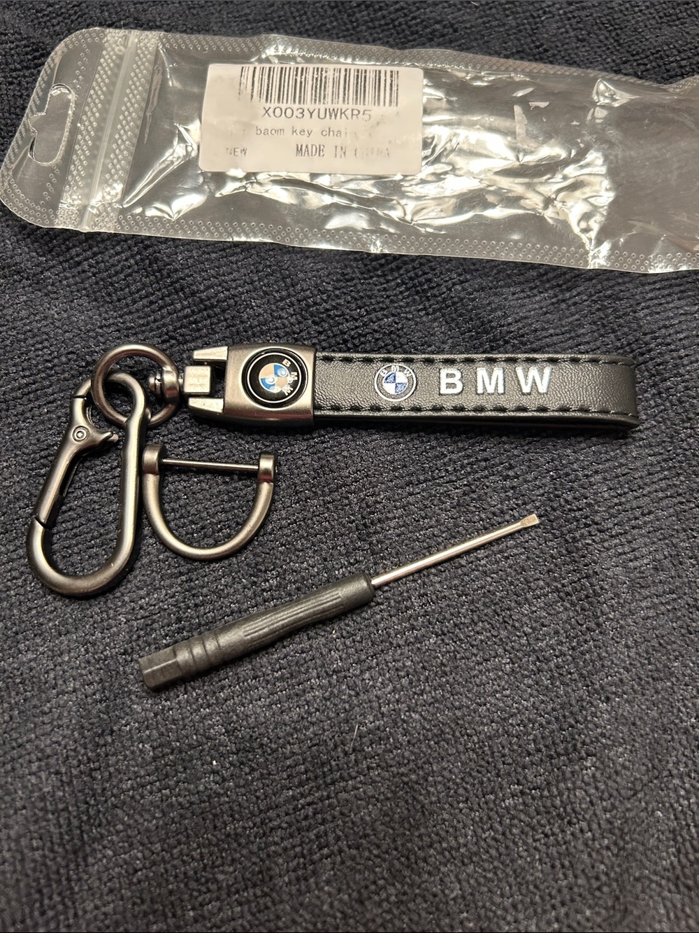 BMW Black Leather Strap Key Fob with Blue Logo Accent